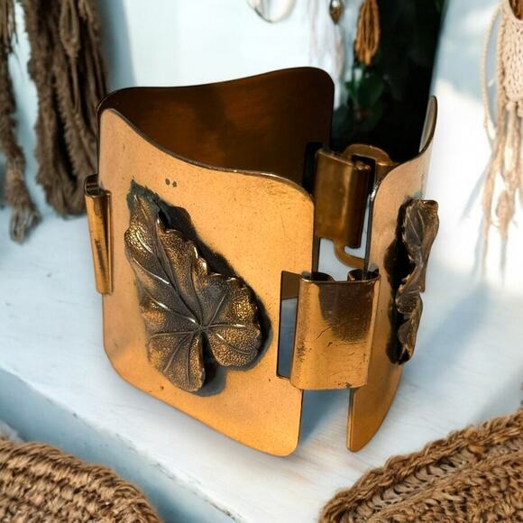 Bohemian Copper Bracelet Womens Tri-Square Leaf Haute Relief Hippie Boho 8 in - Picture 1 of 10
